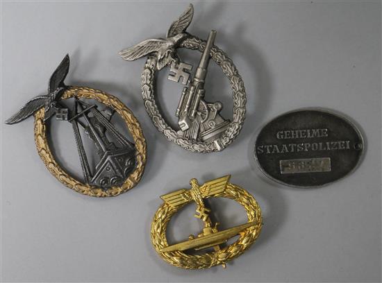 Two Luftwaffe badges, German Identity disc and U boat badge